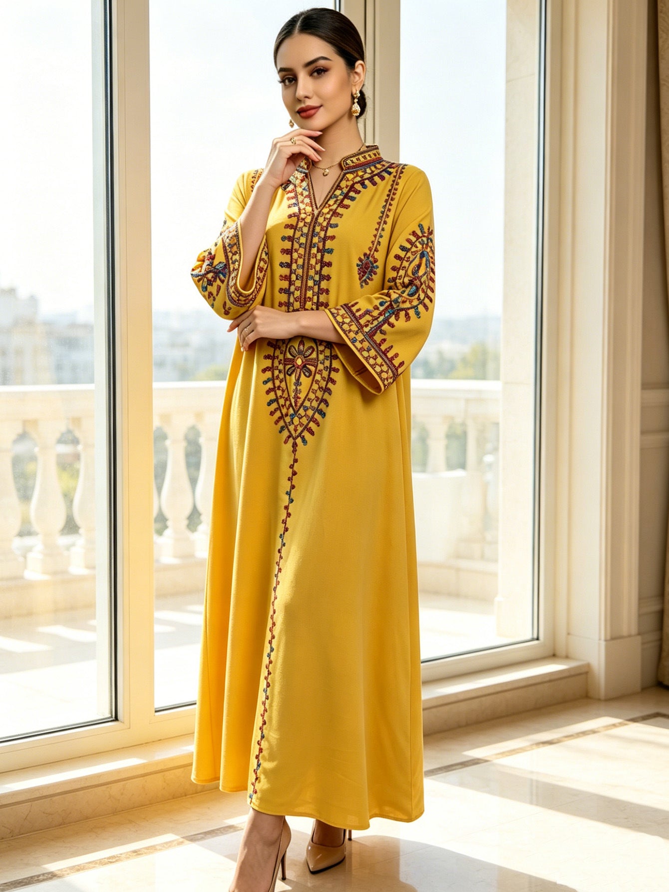 Cord Embroidered Ethnic Kaftan Robe Dress Jalabiya Modest Long Maxi Gown for Muslim Women Eid Ramadan Celebration S-XXL
