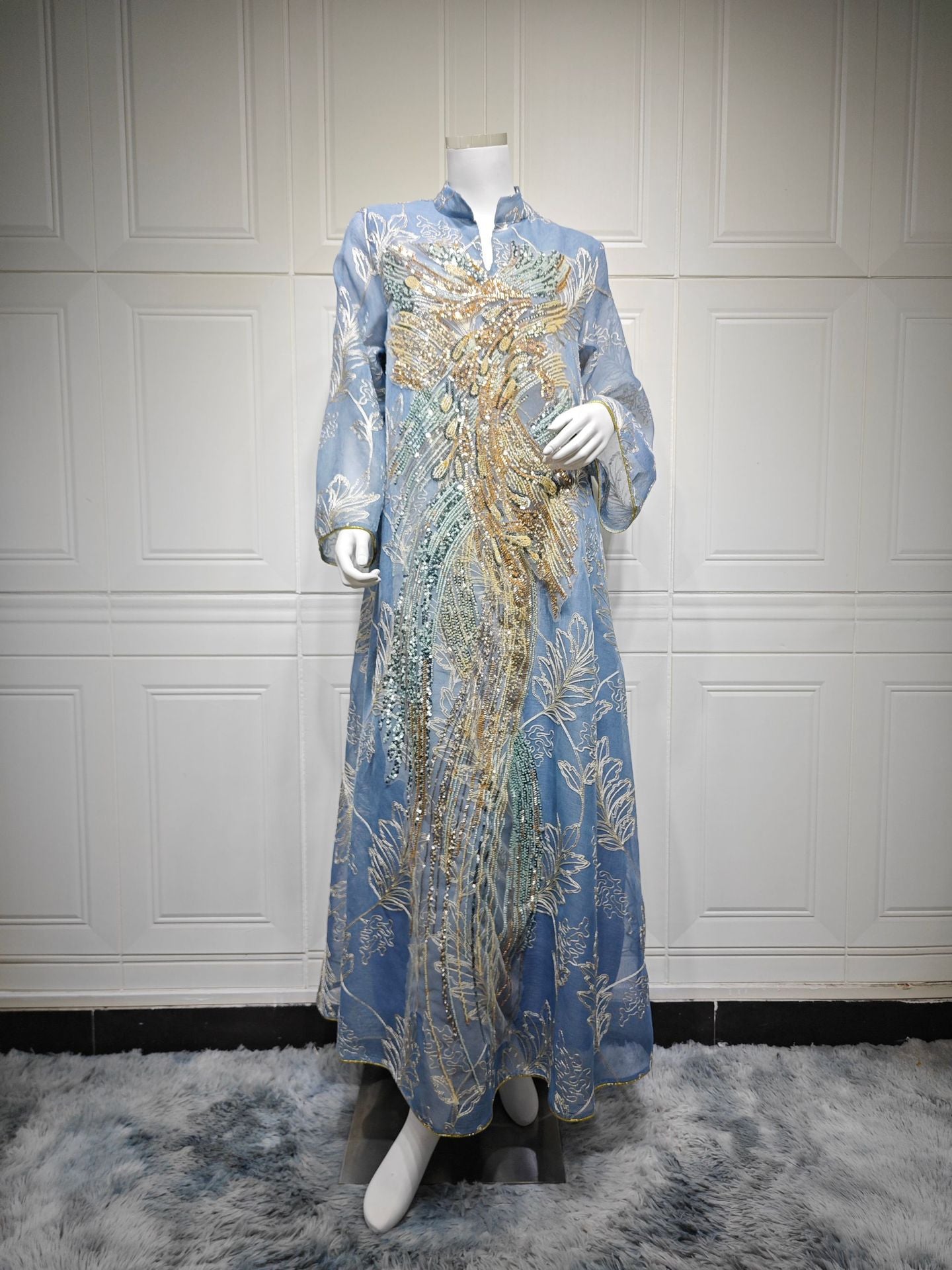 Elegant Oversized Wide Flare Sleeve Muslim Long Robe For Ladies Handcrafted Phoenix Sequins Embroidery Light See-through Leaf Print Abaya Four Shades Formal Ceremony Gown
