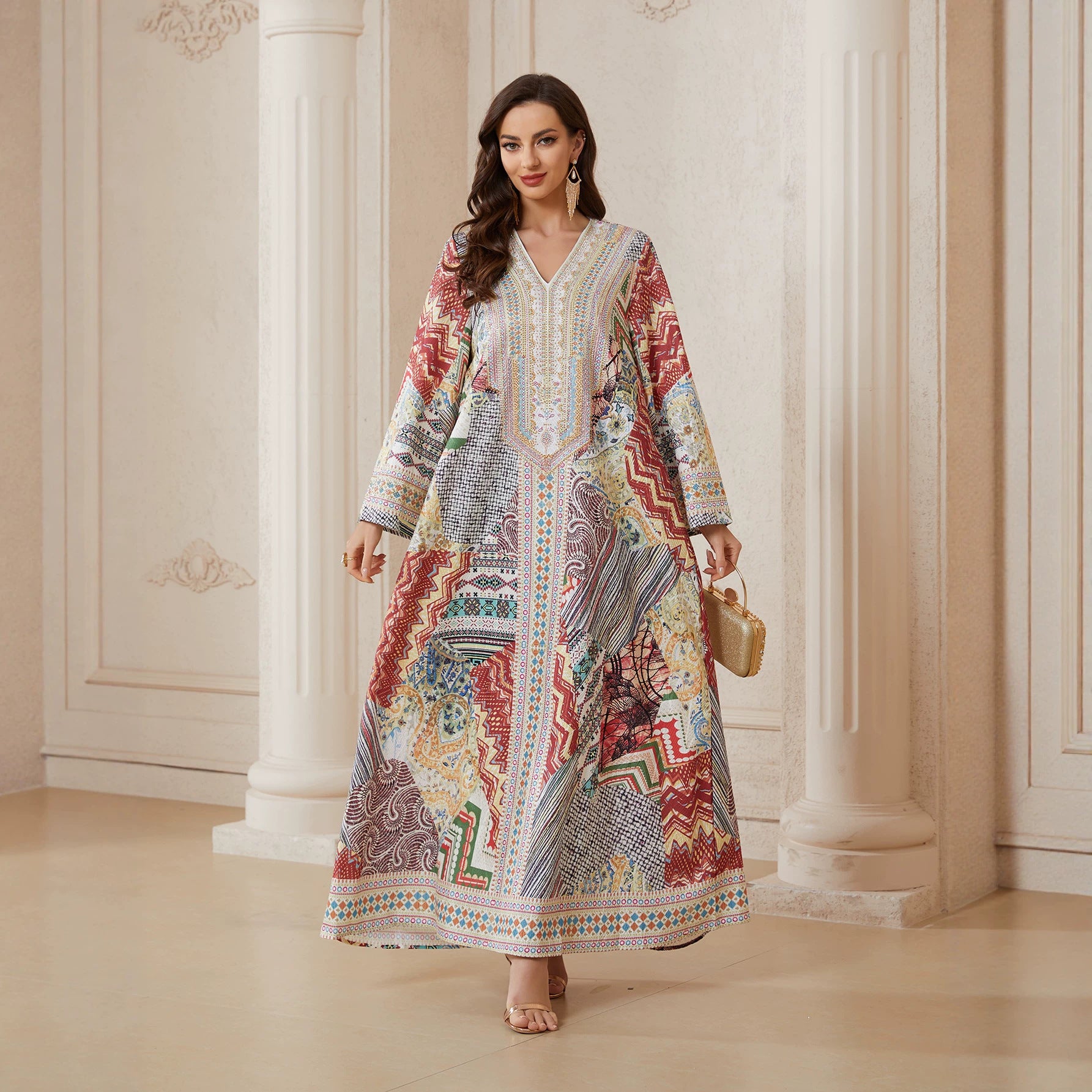 Ethnic Patchwork Geometric Premium Pan-Arab Craft V Notch Front Modest Maxi Tunic Light Airflow Single Layer Chiffon Textile All Over Vintage Tribal Patchwork Zigzag Grid Floral Mixed Print Ornate Multicolor Border Embroidery Trim Wide Straight Loose