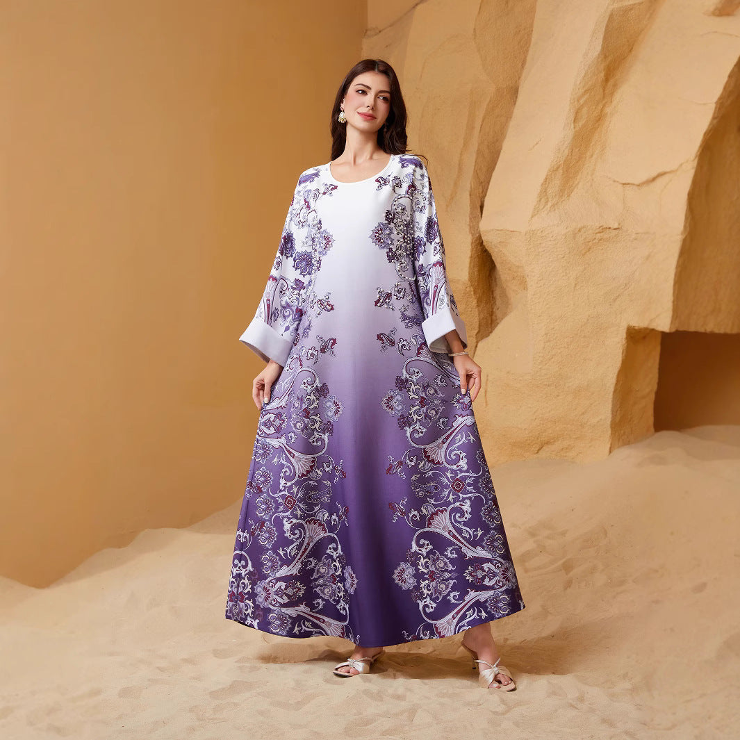 Purple Rhinestone Beaded Round Neck Floral Maxi Abaya Dress