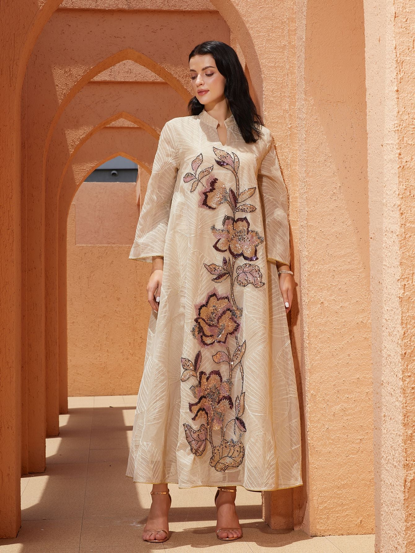 New Style Mesh Embroidered Dress, Ethnic Costume with Heavy Appliqué, Abaya Robe