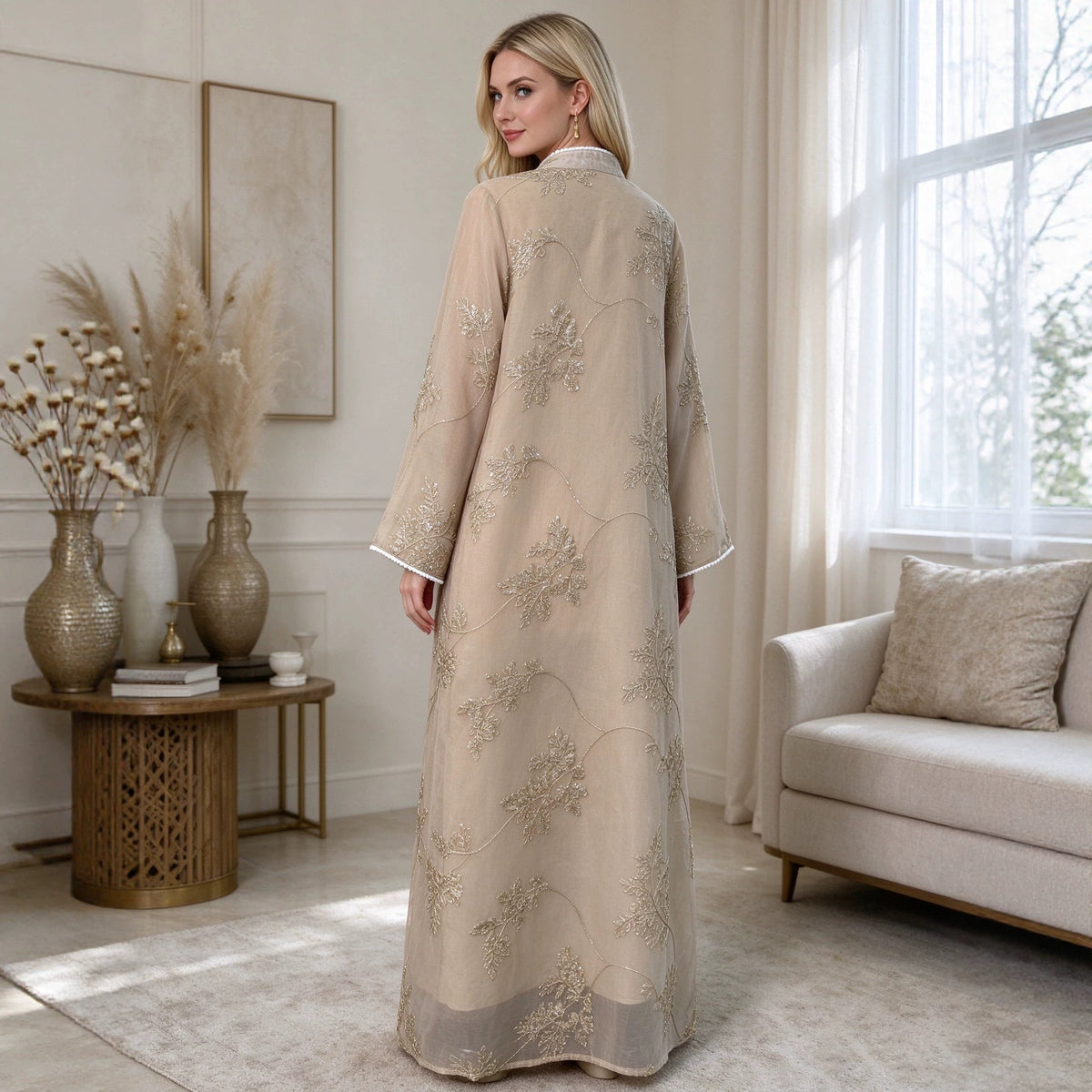Graceful Mandarin Collar Mesh Embroidered Kaftan Dress with Tassel Detail Modest Maxi Gown for Muslim Women Banquet - 309