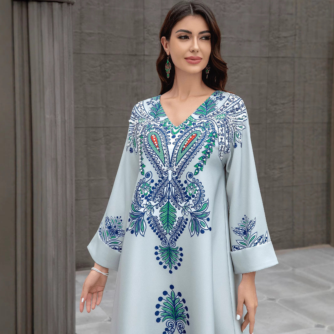 Light Blue Floral Print Rhinestone Embroidered Maxi Abaya Dress