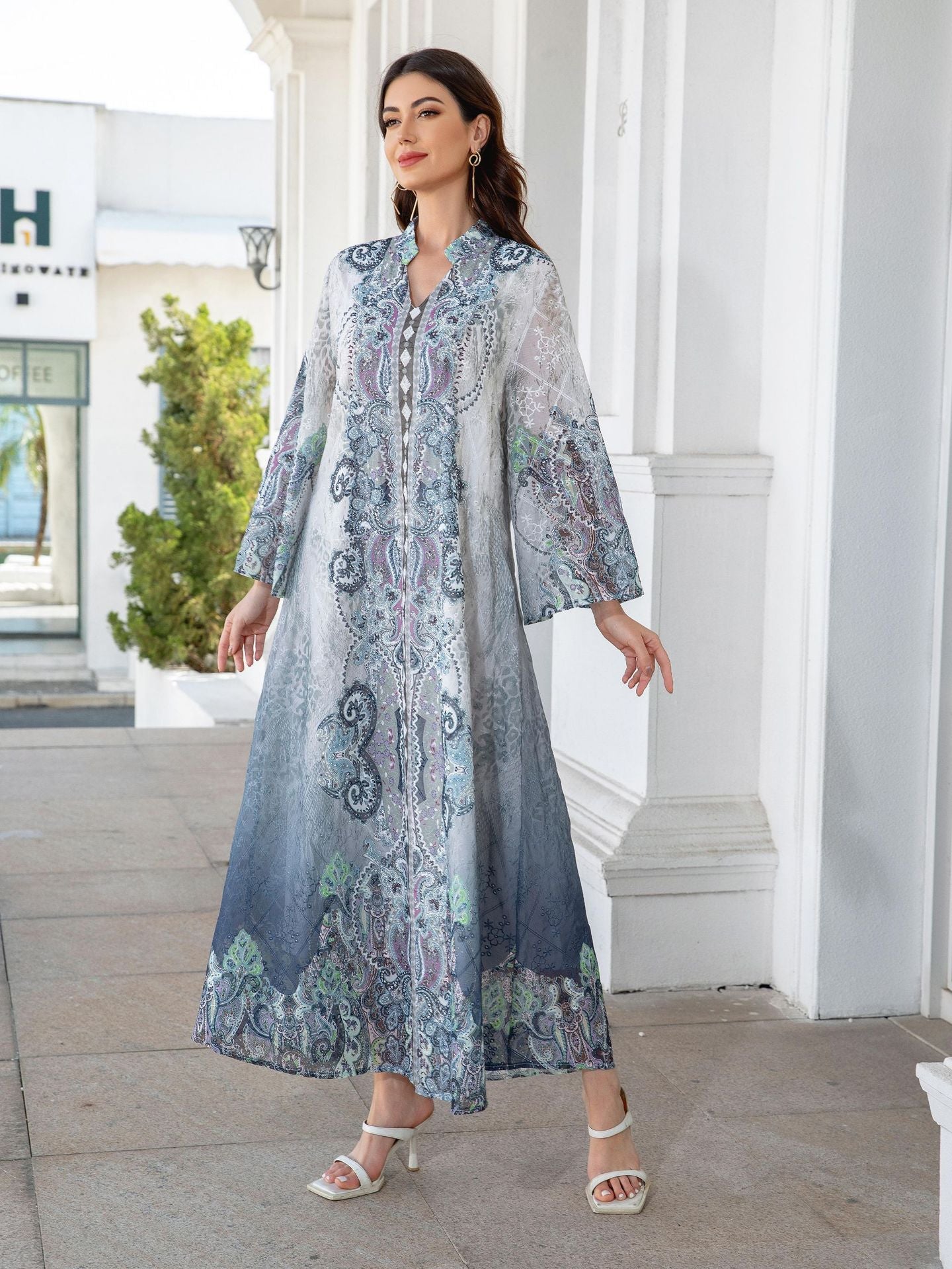 Stunning Blue Rhinestone Abaya – Modest Muslim Embroidered Maxi