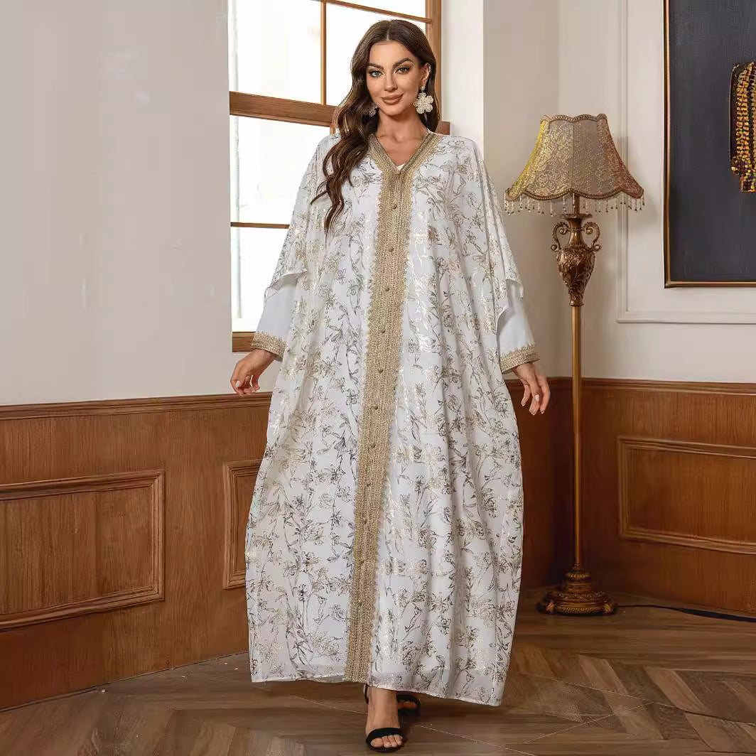 2026 Premium Soft Floral Handcrafted Modest Outer Tunic Light Grey Airflow Chiffon Full Pale Tiny Blossom Printed Open Front Robe V Notch Neck Adjustable Waist Tie Gentle Flare Swing Floor Silhouette Exclusive Pan-Arab Malay Craft Single Layer Cut Fo