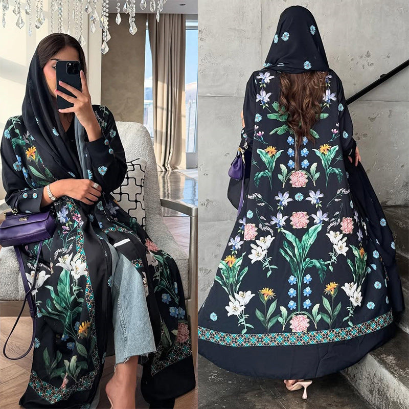 Black Floral Print Open Outerwear Maxi Abaya with Hijab Two-Piece Set