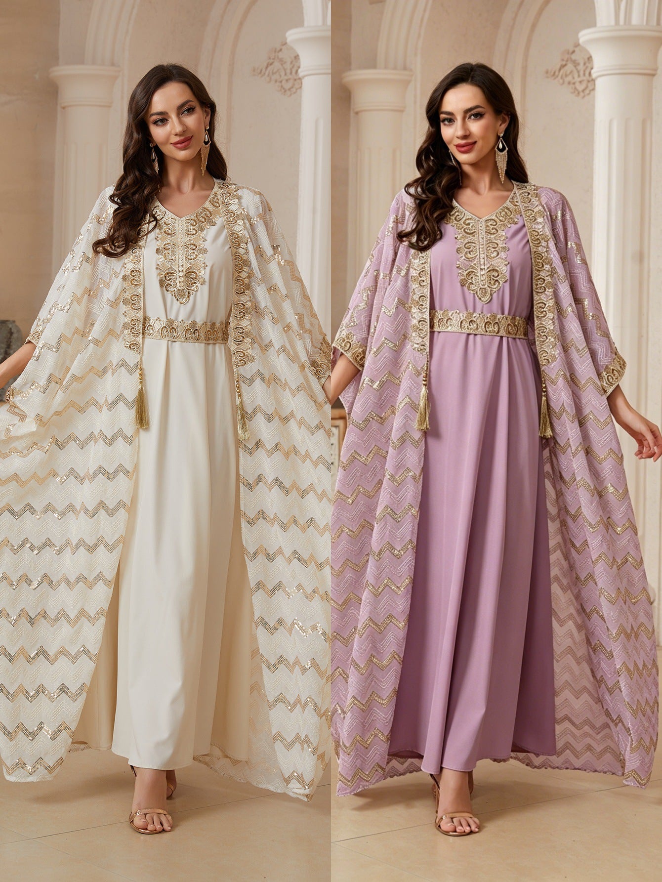Cream & Lavender Two Piece Abaya Set Handcrafted Gold Embroidery Moroccan Evening Kaftan