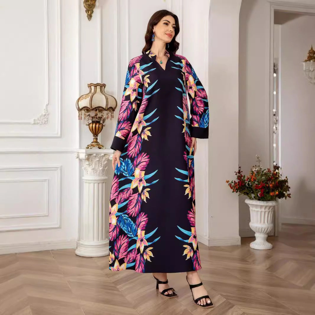Black Floral Print Modest Abaya Dress - Long Sleeve Everyday Robe