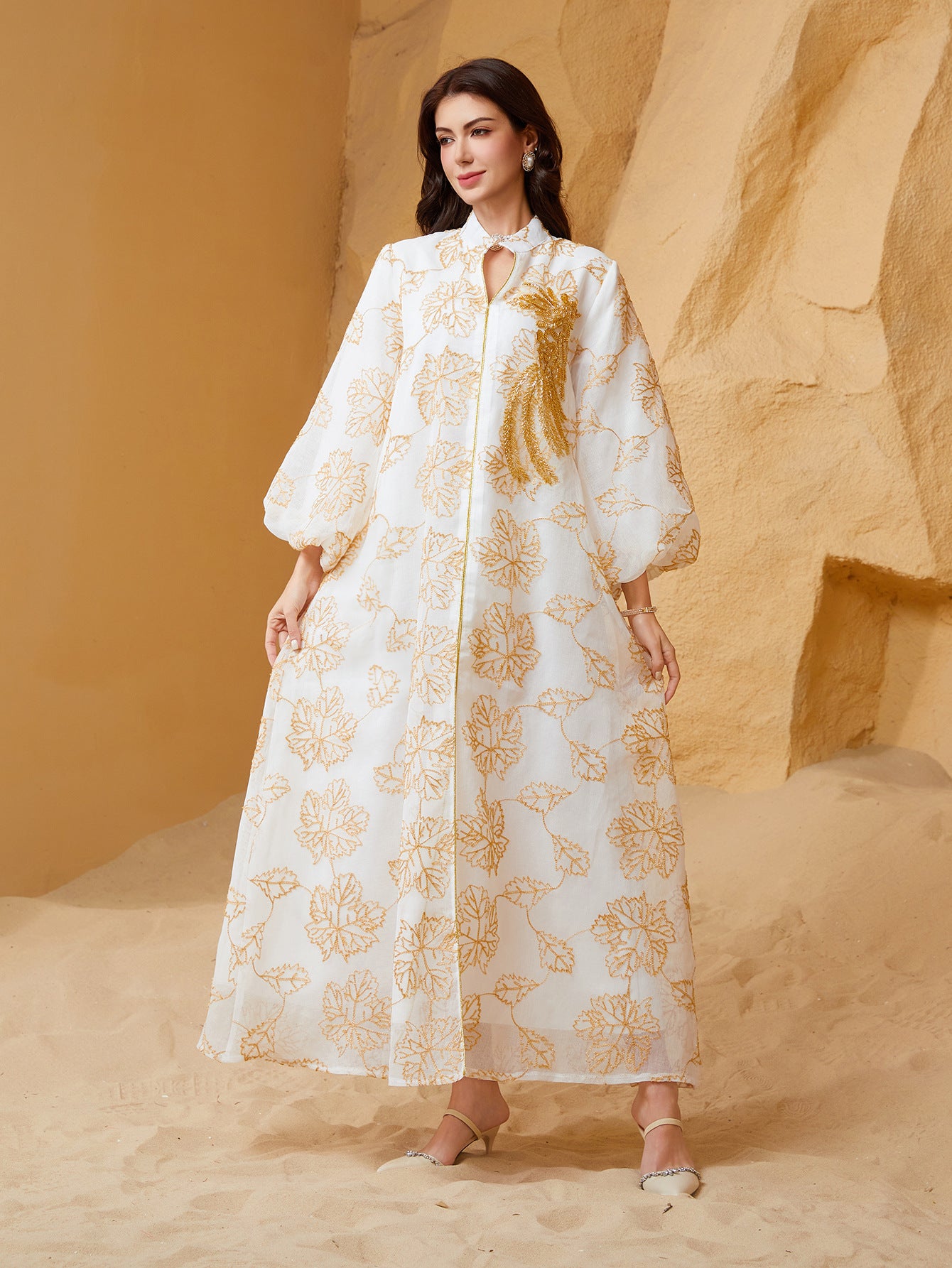 Luxury All Over Gold Print Middle East Kaftan Two Colors Stand Collar Lantern Sleeve Modest Ramadan Maxi Dress