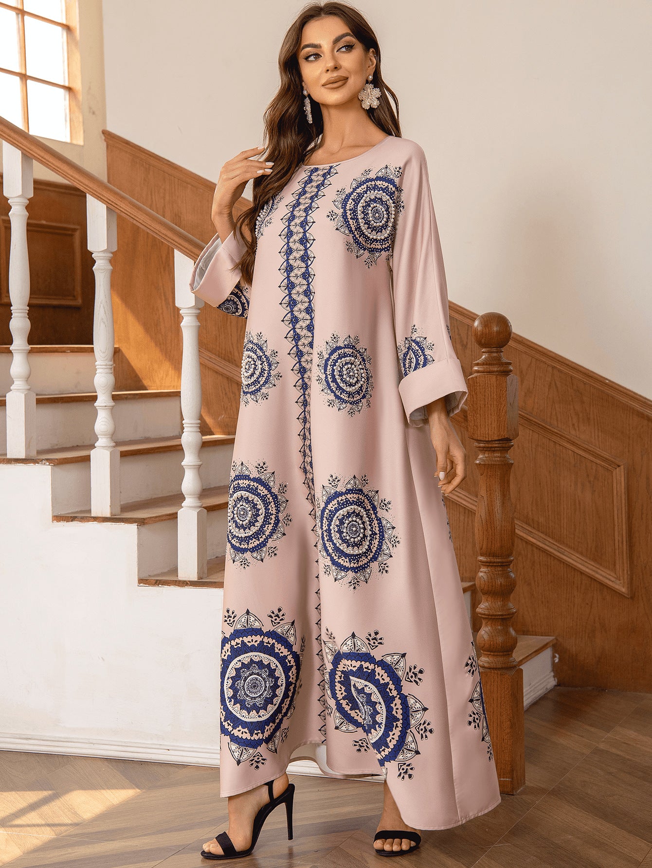 Pink Bohemian Beaded Abaya - Printed Round Neck Modest Long Robe