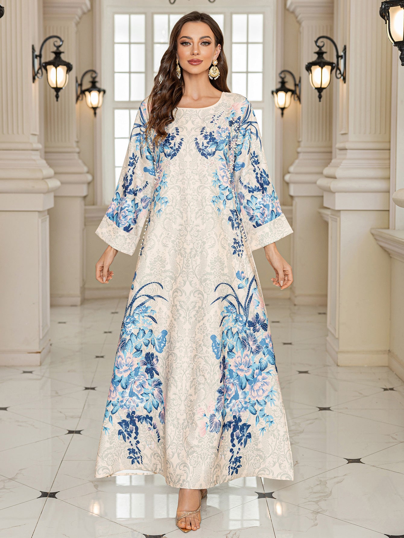 Pink Printed Long Abaya Dress - Fashion Modest Maxi Robe