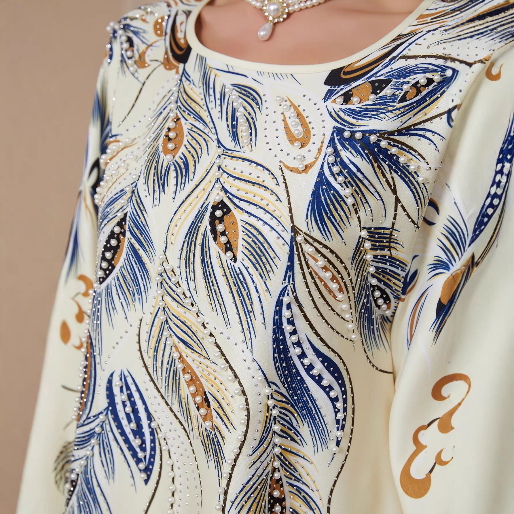 Women Round Neck Gradient Peacock Feather Print Abaya Cuff Long Sleeve Maxi Jalabiya Cream Matte Crepe Ethnic Modest Gown For Eid Mubarak Ramadan Wedding Evening Party