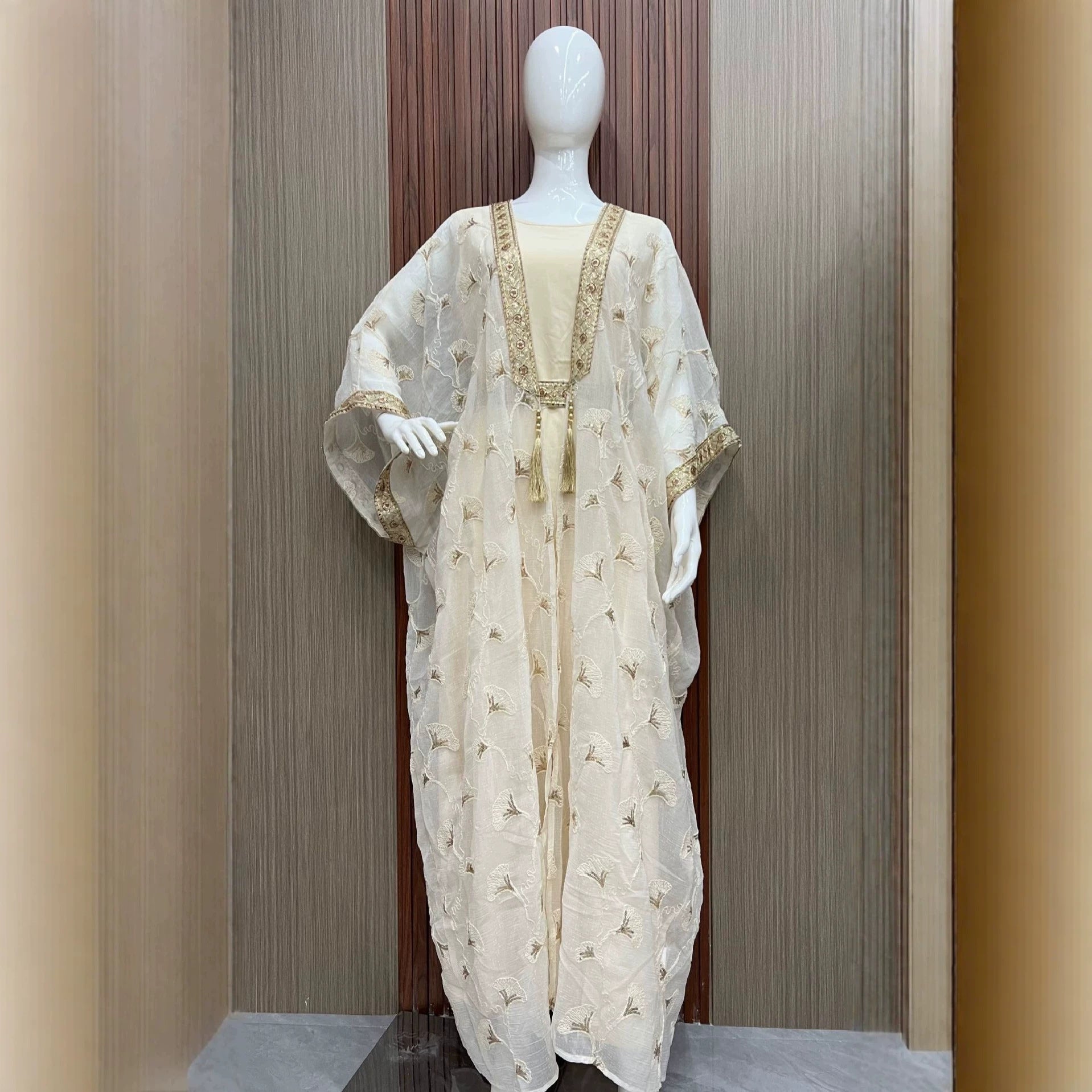 Off White Two-Piece Embroidered Cardigan Vest Set Gown Abaya Modest Long Maxi Dress for Muslim Women Eid Ramadan Kaftan