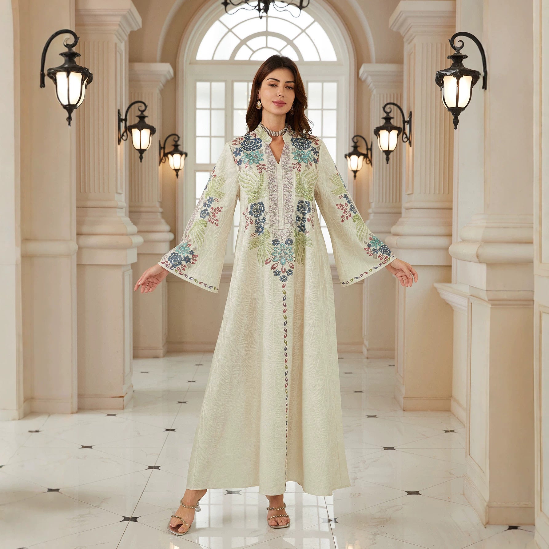 Off White Textured Fabric Stand Split V Neck Abaya Colorful Floral Leaf Embroidery Long Flare Sleeve Loose Full Length Muslim Women Kaftan Dress For Eid Wedding Ramadan