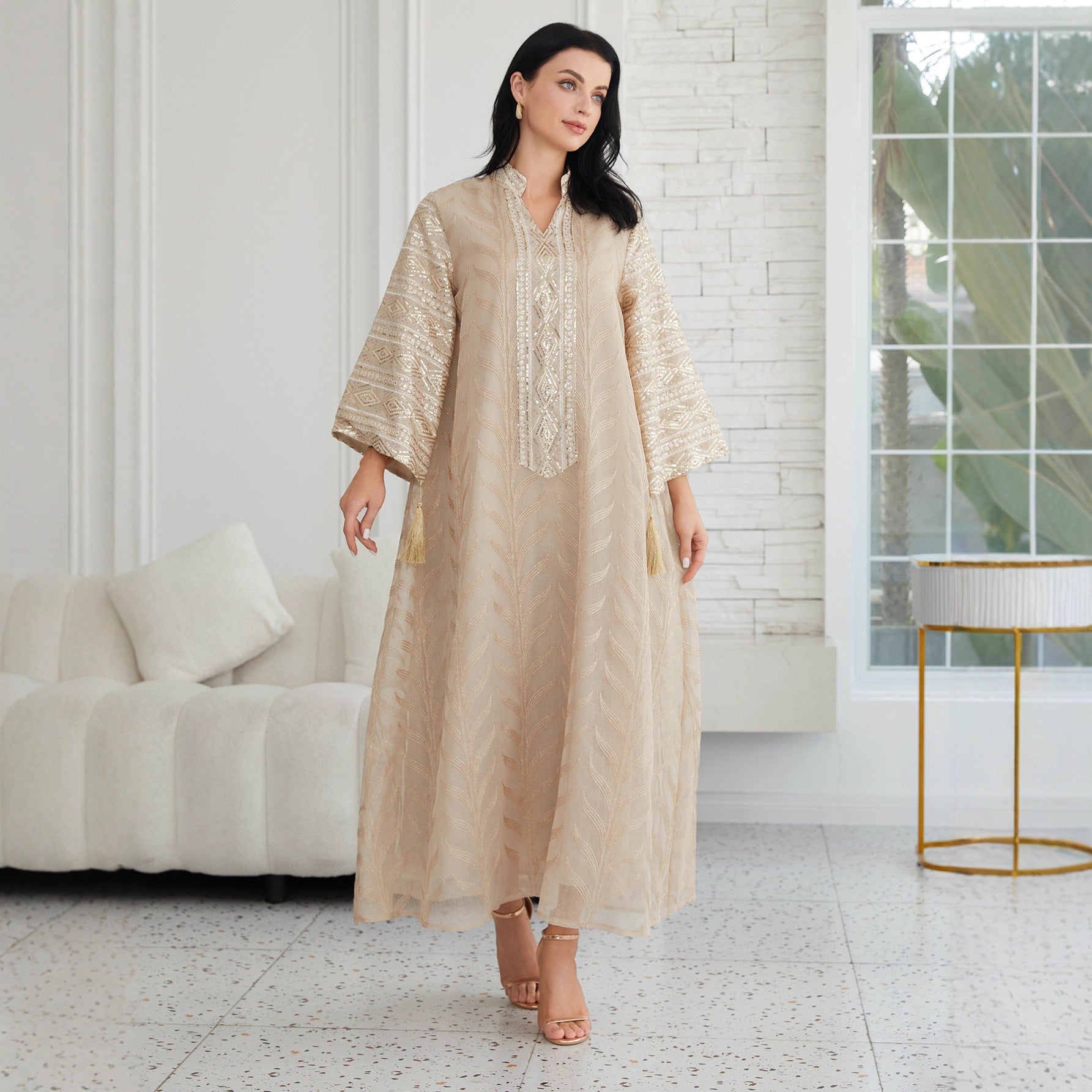 Stunning Apricot Beaded Sequin Evening Abaya Maxi Robe Eid Ramadan
