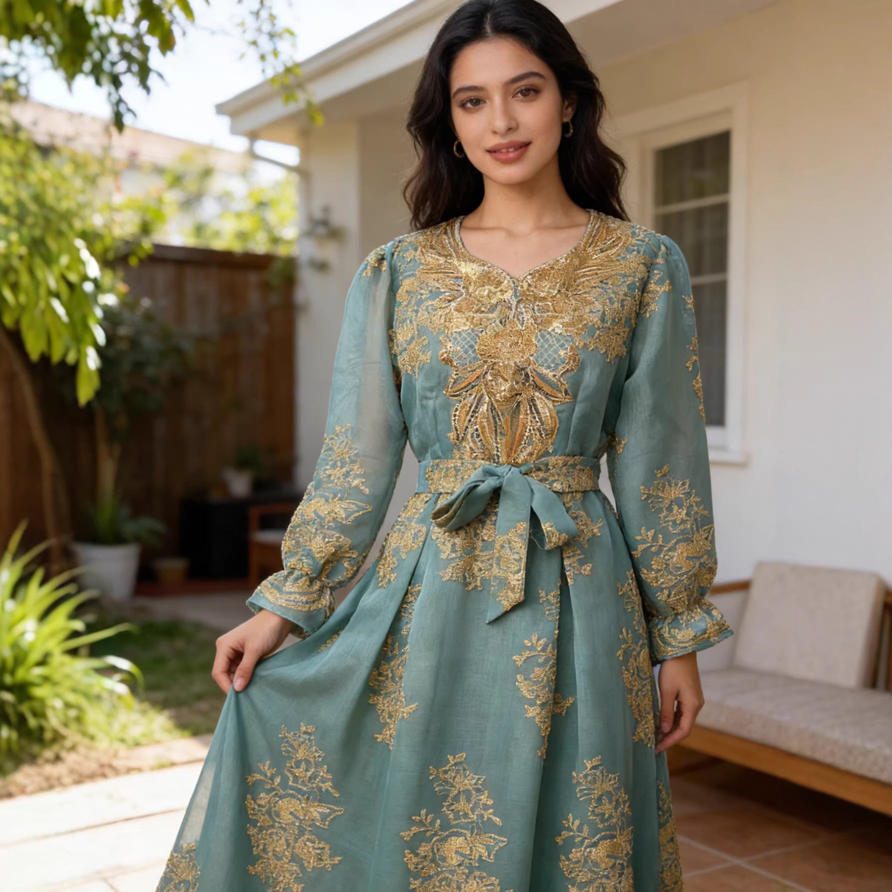 Green and Sky Blue Wedding Embroidered V-Neck Belted Maxi Dress Jalabiya Modest Long Dress for Muslim Women Eid Ramadan Formal Party S-XXL