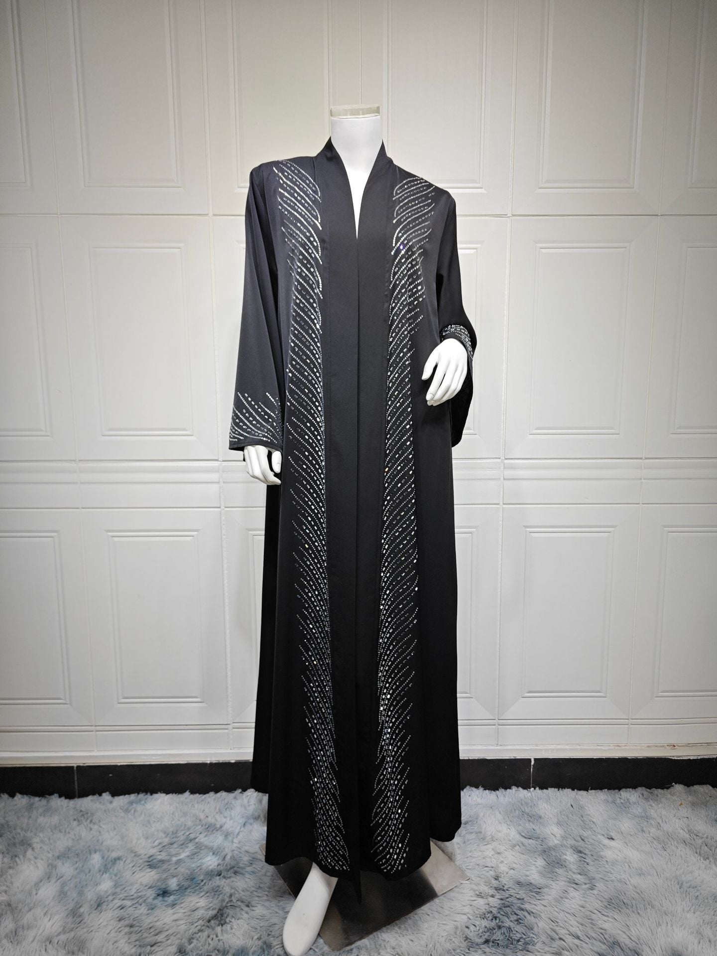 Black Rhinestone Embellished Pullover Long Maxi Abaya Dress - Modest Open Front