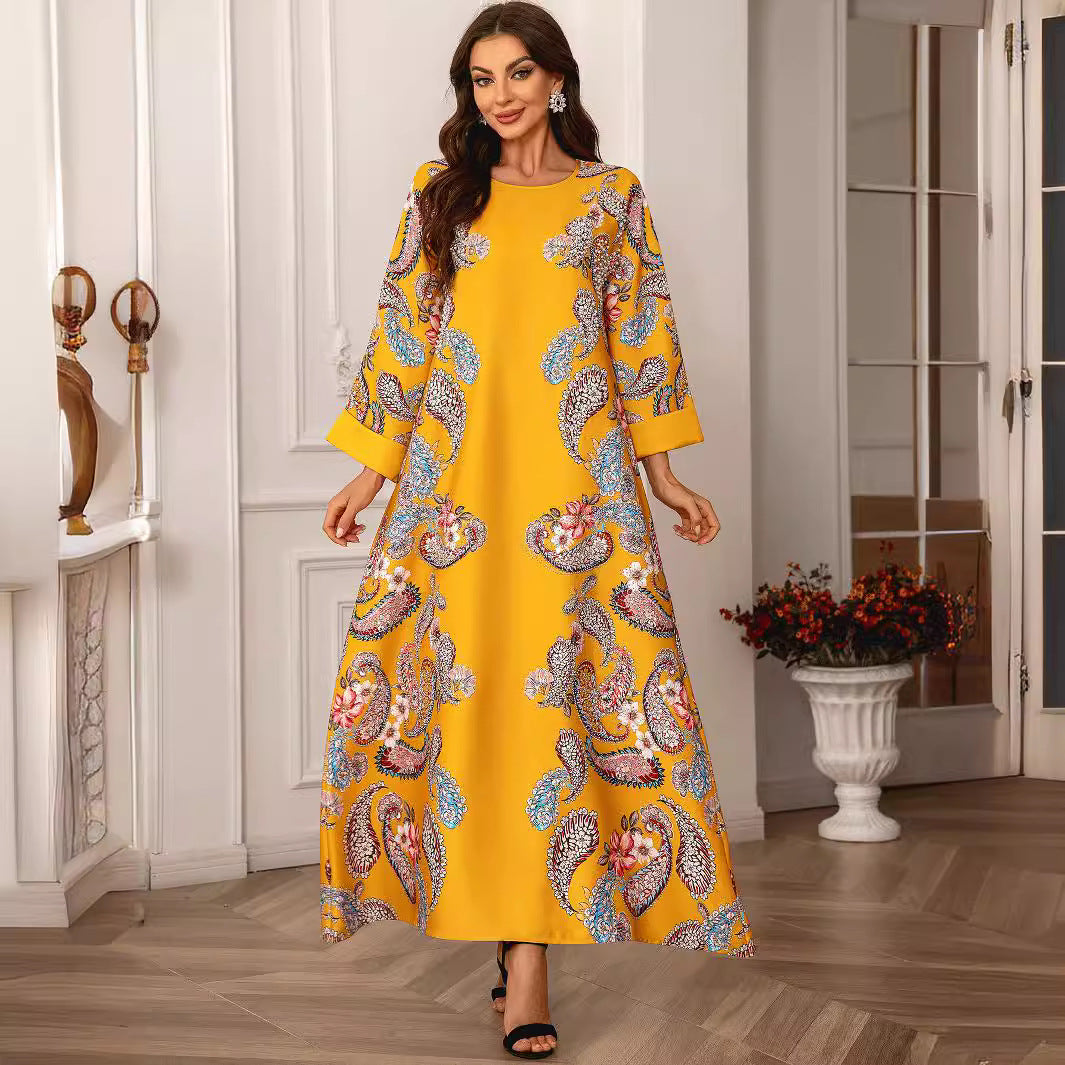 Yellow Floral Print Long Abaya - Plus Size Beaded African Robe