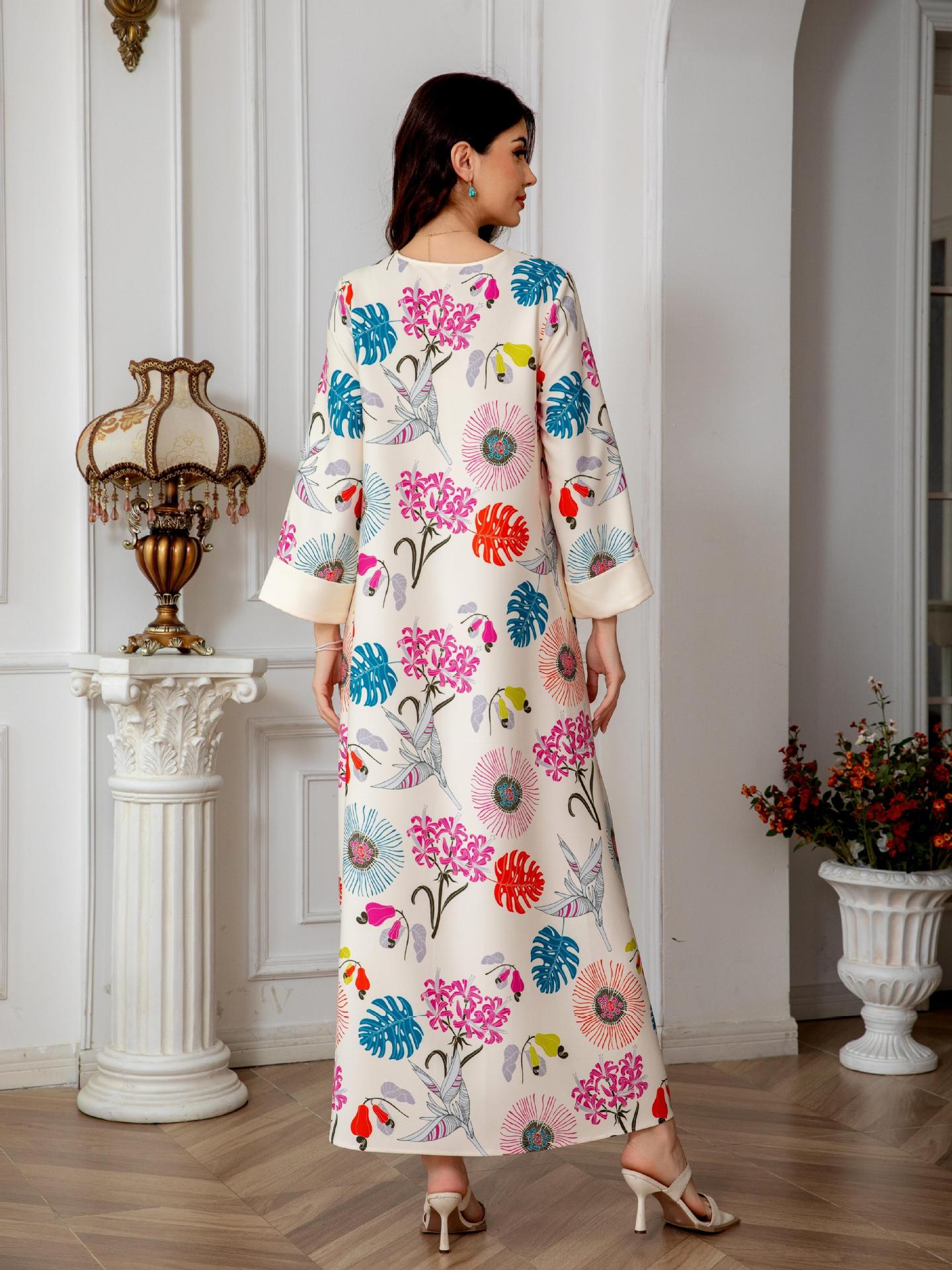 Ivory Floral Print V-Neck Maxi Abaya - Modest Long Dress for Women