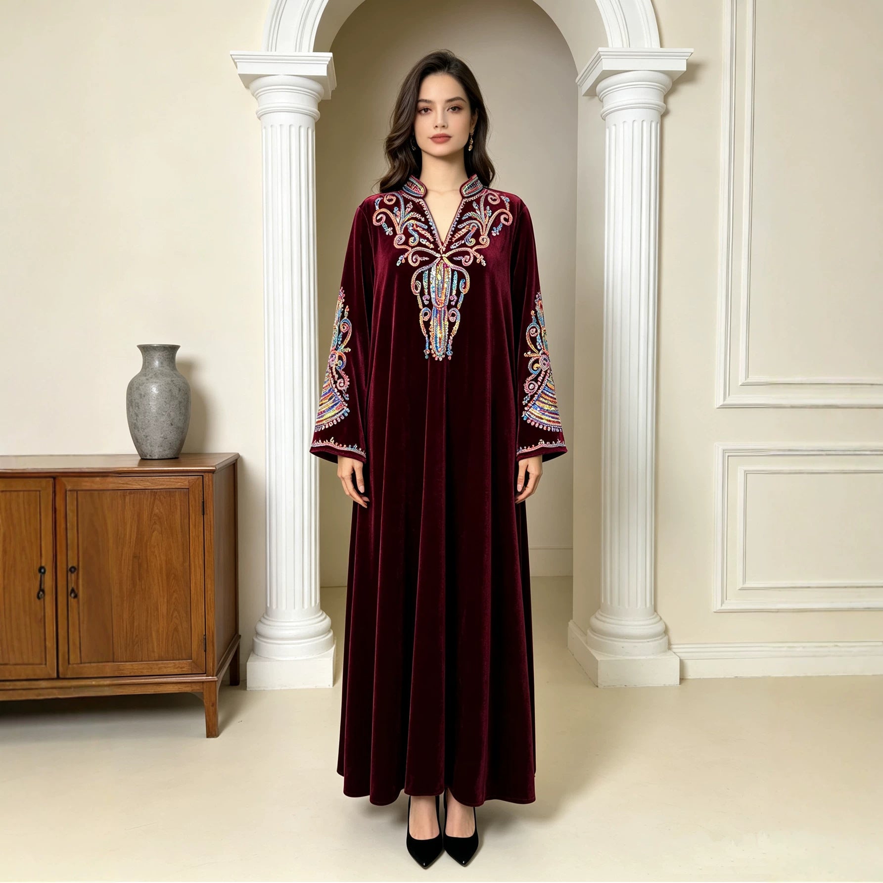 Two Color Embroidered Rhinestone Applique Stand Collar Maxi Dress