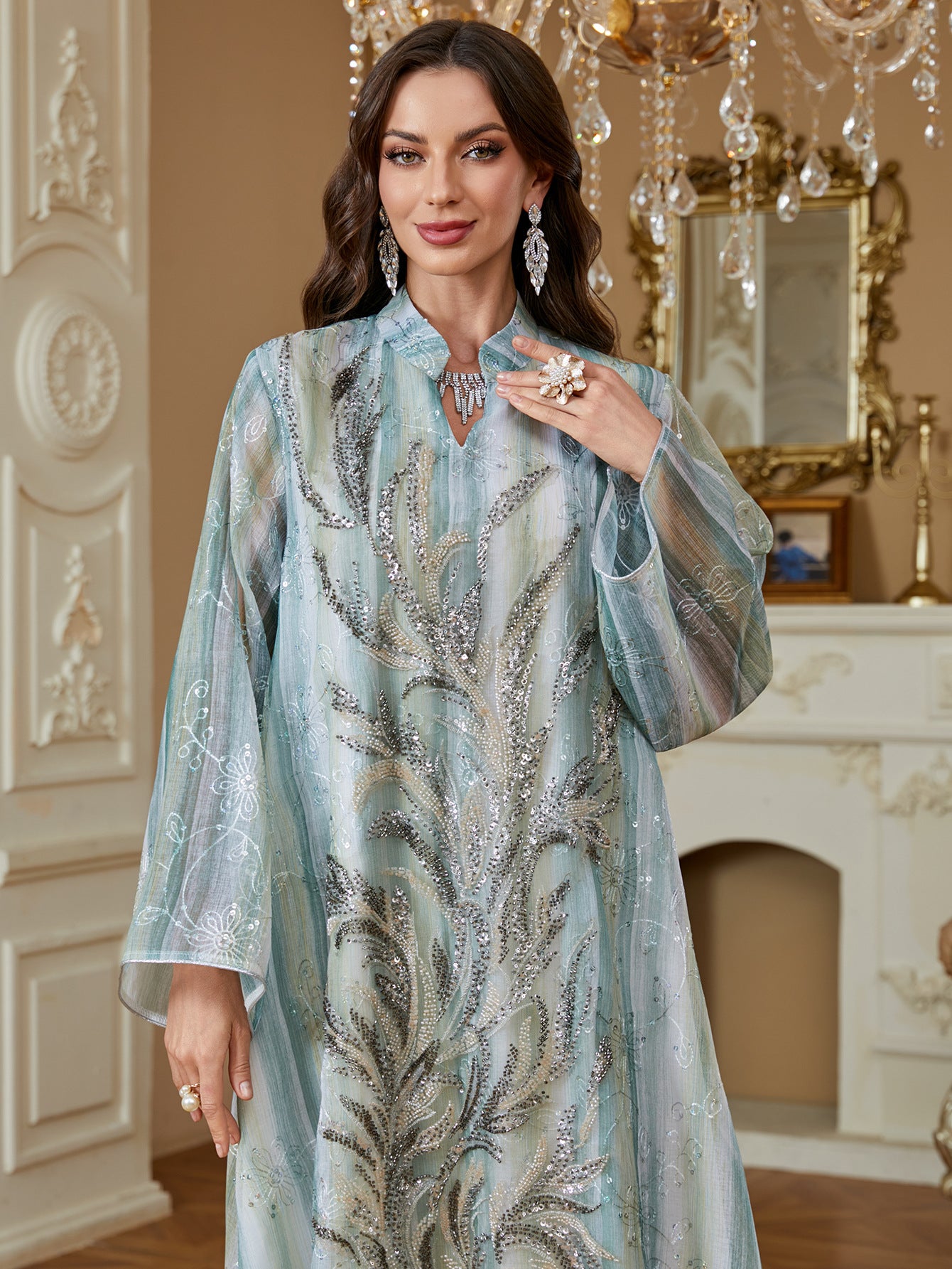 Women Stand Collar V Notch Sequin Embroidery Abaya Gradient Vertical Stripe Print Loose Wide Sleeve Maxi Kaftan Lightweight Formal Modest Dress For Ramadan Wedding Party