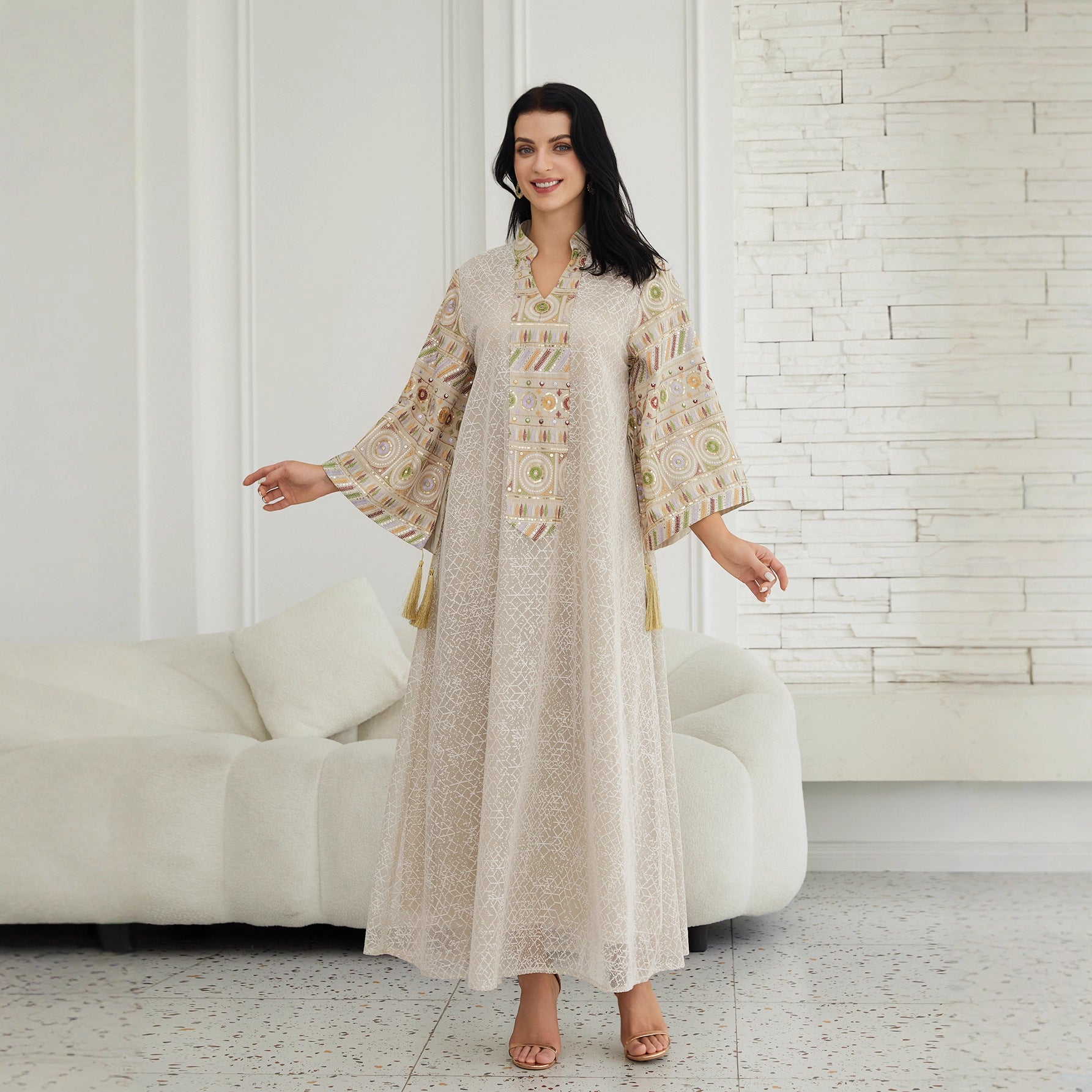 Gulf Islamic Modest Long Robe Off White All Over Mesh Geometric Texture Mandarin Collar Multicolor Geometric Sequin Embroidery Cuff Tassel Oversize Flare Sleeve Dubai Abaya For Ladies Formal Evening Occasion