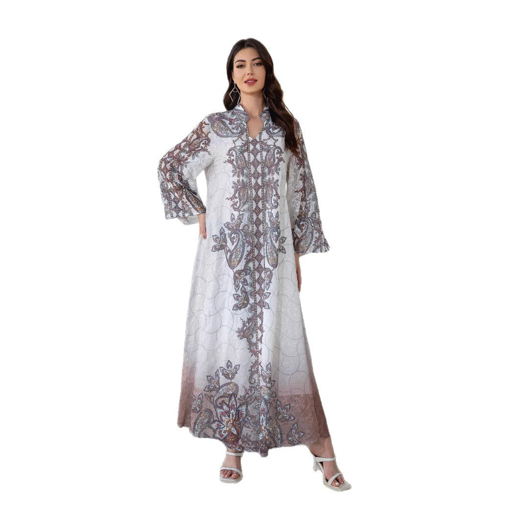 Lotus Pink Embroidered Printed Maxi Abaya - Rhinestone Trim Gown