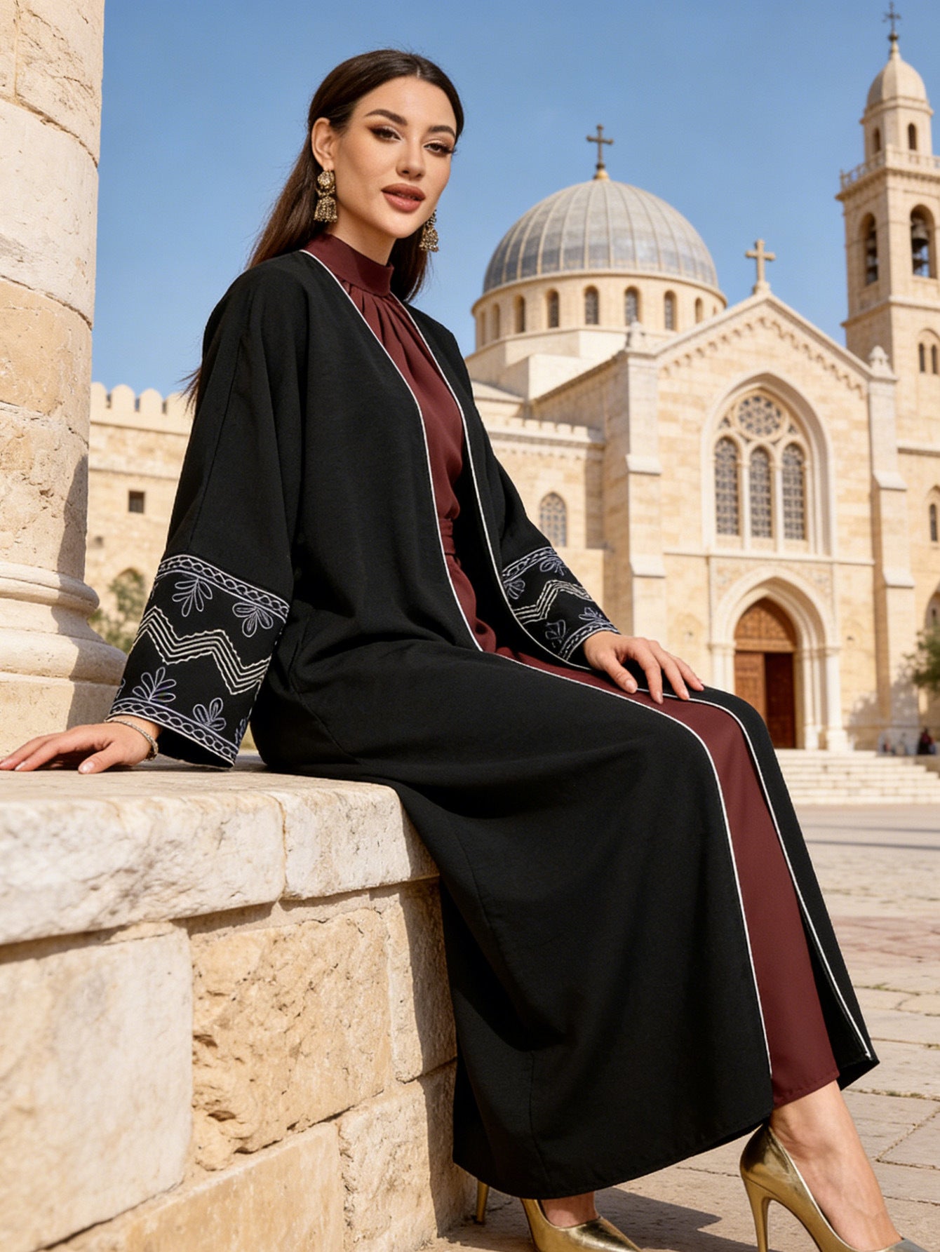 Black Embroidered Open Cardigan Modest Maxi Abaya - Free Size