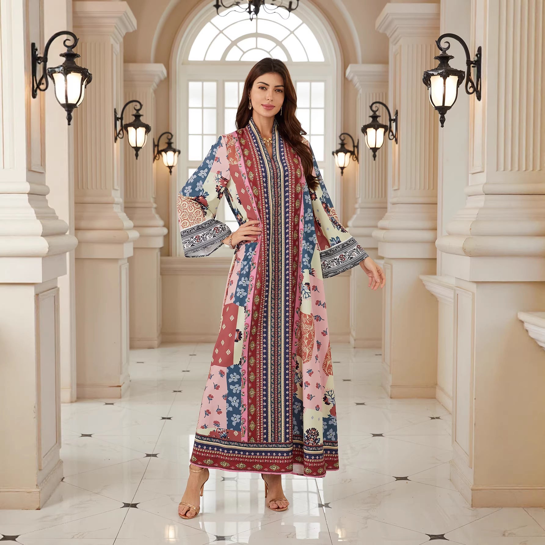 Exquisite Floral V-Neck Abaya – Ethnic Modest Maxi Dress
