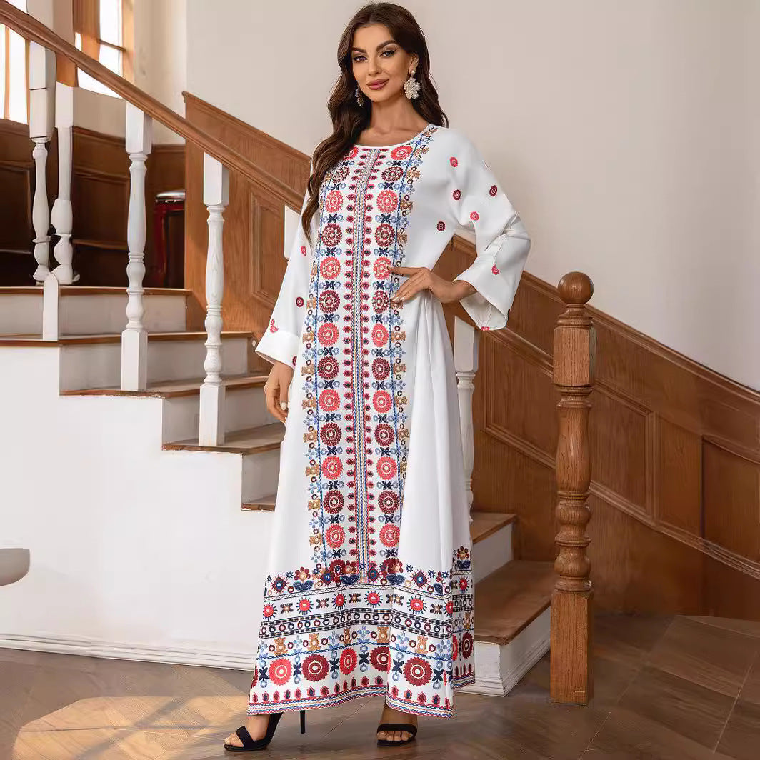 Elegant Red Printed Gold Foil Beaded Maxi Abaya Jalabiya Modest Long Robe for Muslim Women Eid Ramadan Daily Wear Loose Floor Length Dress S-XXL
