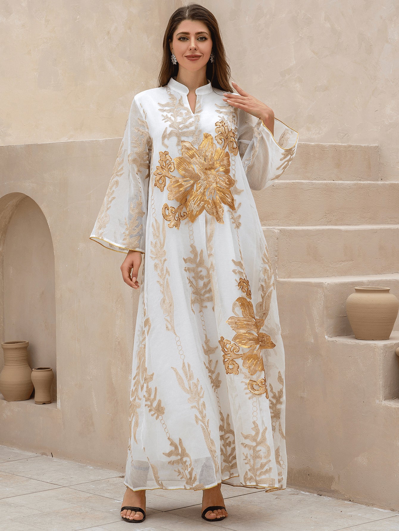 Elegant Gold Floral Embroidered Abaya Women White Stand Collar Flared Sleeve Loose Maxi Kaftan Popular Middle East Modest Outfit