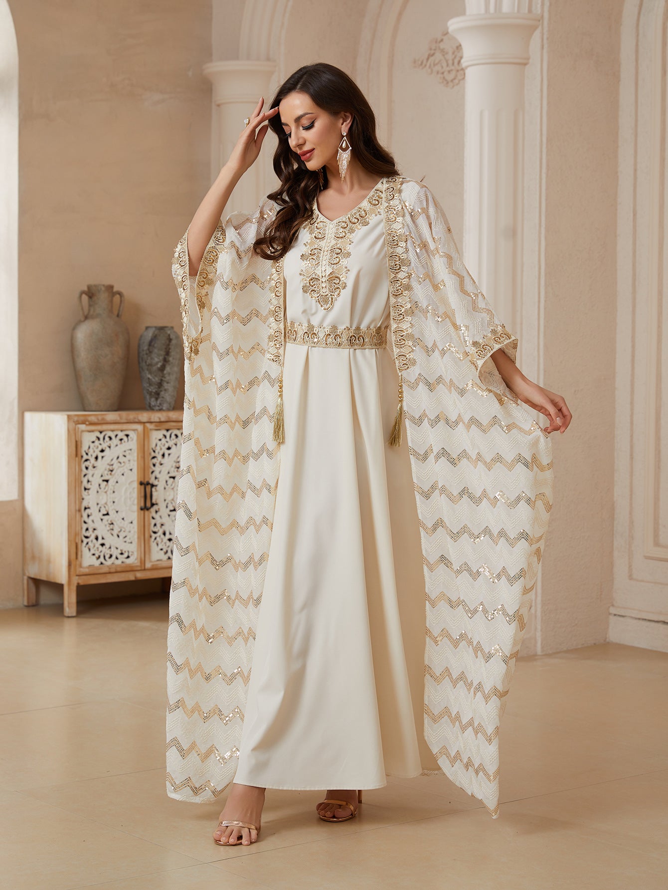 Cream & Lavender Two Piece Abaya Set Handcrafted Gold Embroidery Moroccan Evening Kaftan