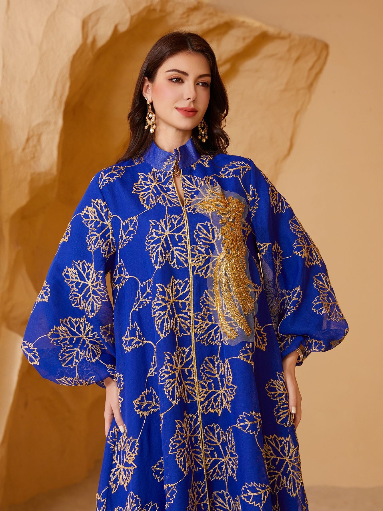 Luxury All Over Gold Print Middle East Kaftan Two Colors Stand Collar Lantern Sleeve Modest Ramadan Maxi Dress