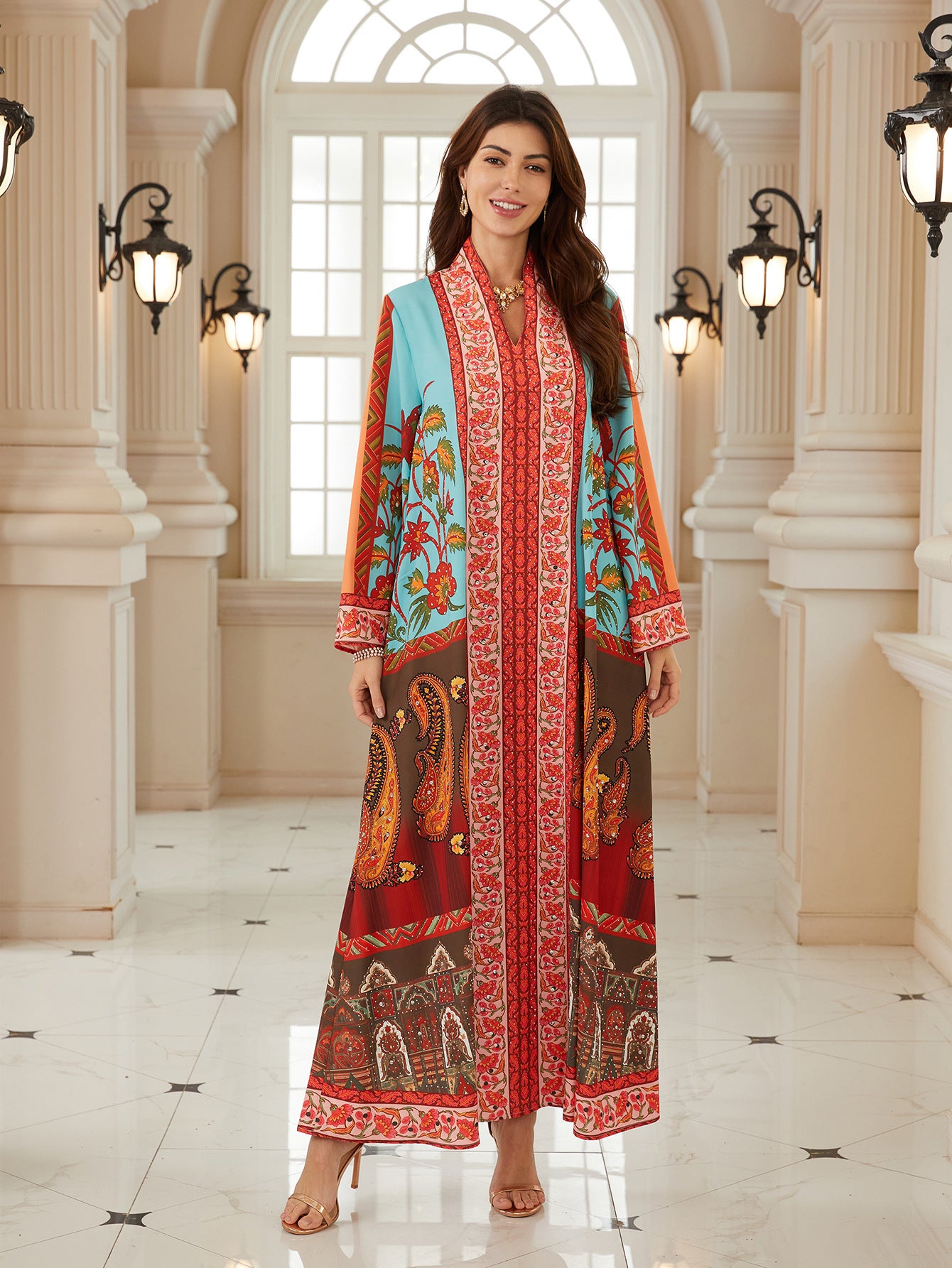 Radiant Floral V-Neck Kaftan – Elegant Modest Maxi Dress