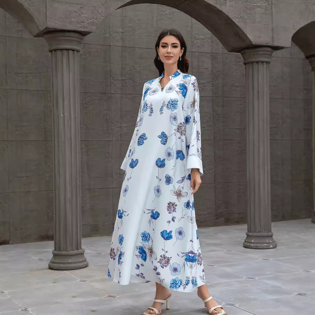 Light Blue Rhinestone Mandarin Collar Embroidered Maxi Abaya Dress