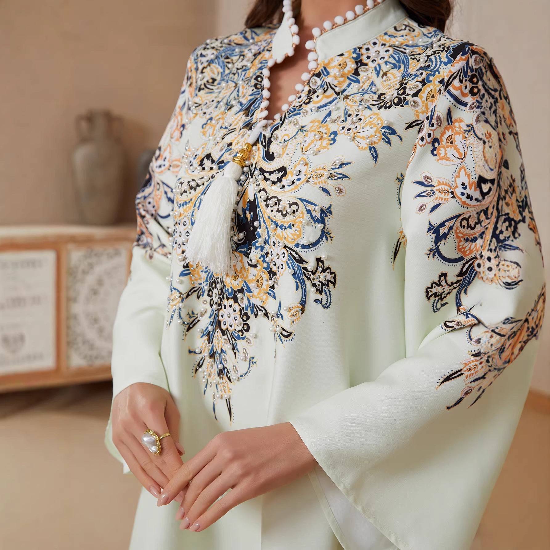 Modest Light Yellow Tassel A-Line Kaftan Maxi Abaya Eid Ramadan