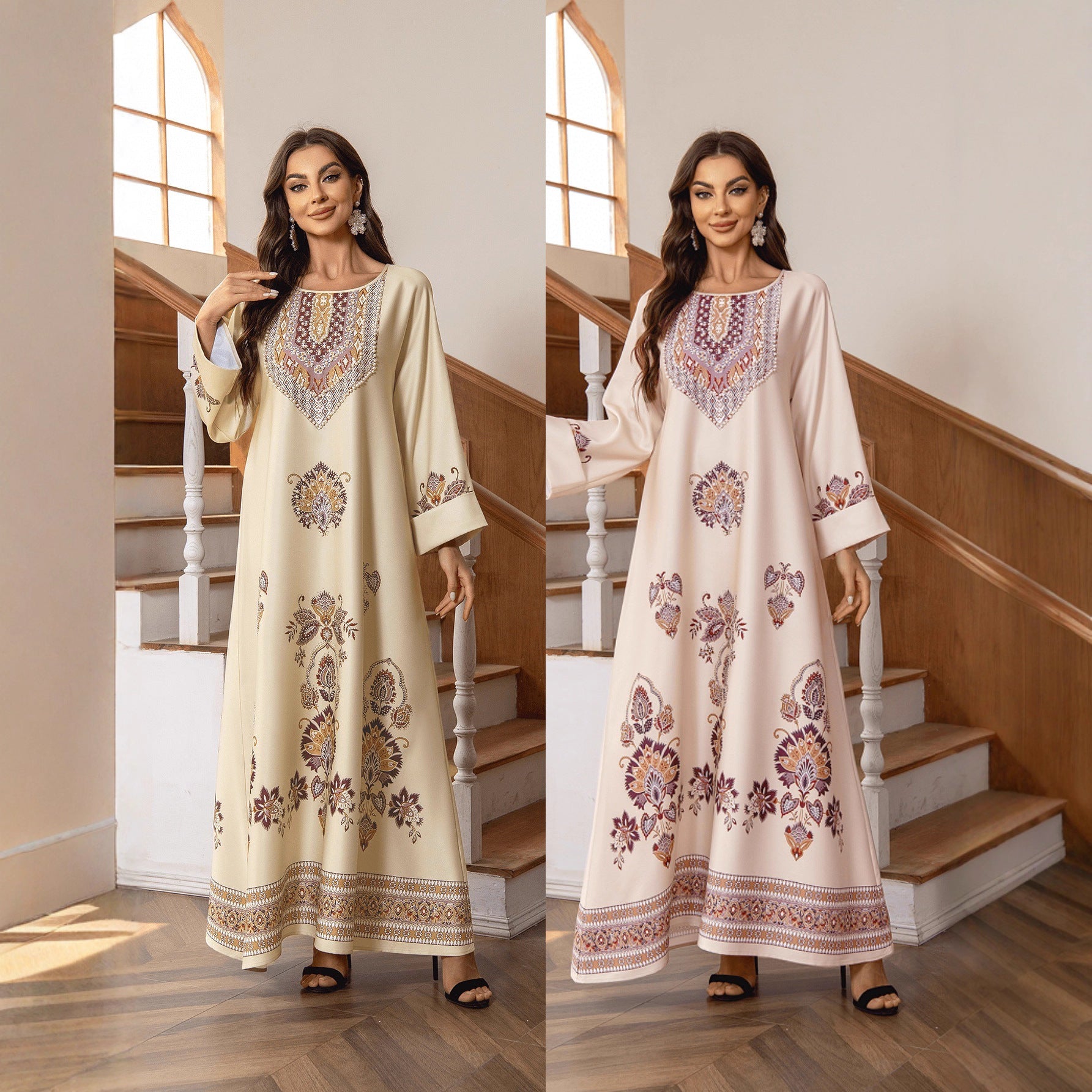Elegant Khaki Brown & Nude Two-Tone Printed Round Neck A-Line Kaftan Abaya with Rhinestone Beaded Jalabiya Modest Maxi Dress for Muslim Women Eid Ramadan Daily Wear Loose Floor Length Long Robe S-XXL