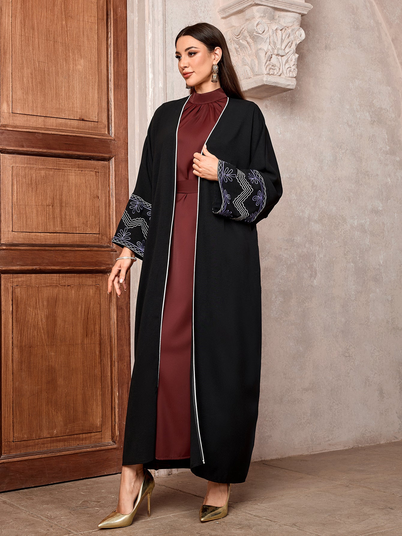 Vintage Embroidered Long Robe Abaya Cardigan Modest Maxi Dress Jalabiya for Muslim Women Eid Ramadan Prayer Wear One Size