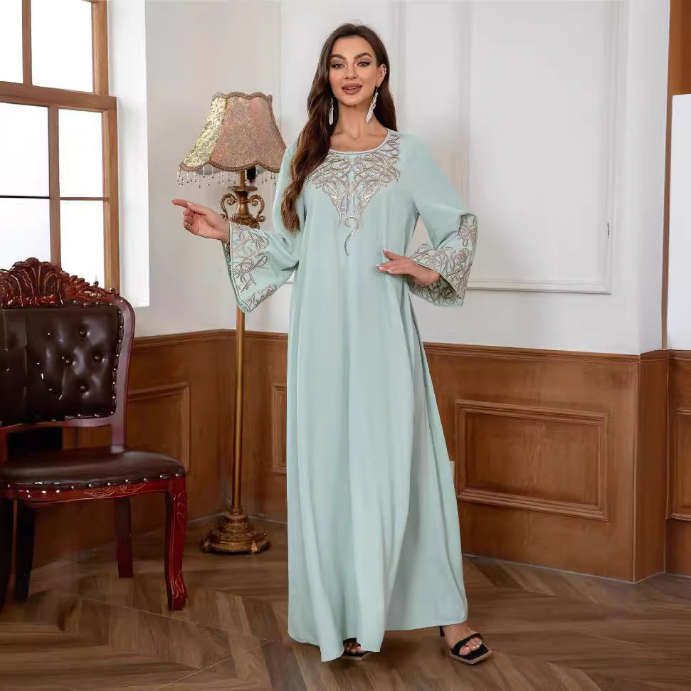 Women Light Mint Green Rhinestone Embroidered Round Neck Long Sleeve Abaya Loose Long Dubai Muslim Modest Kaftan Maxi Dress For Wedding Eid Ramadan