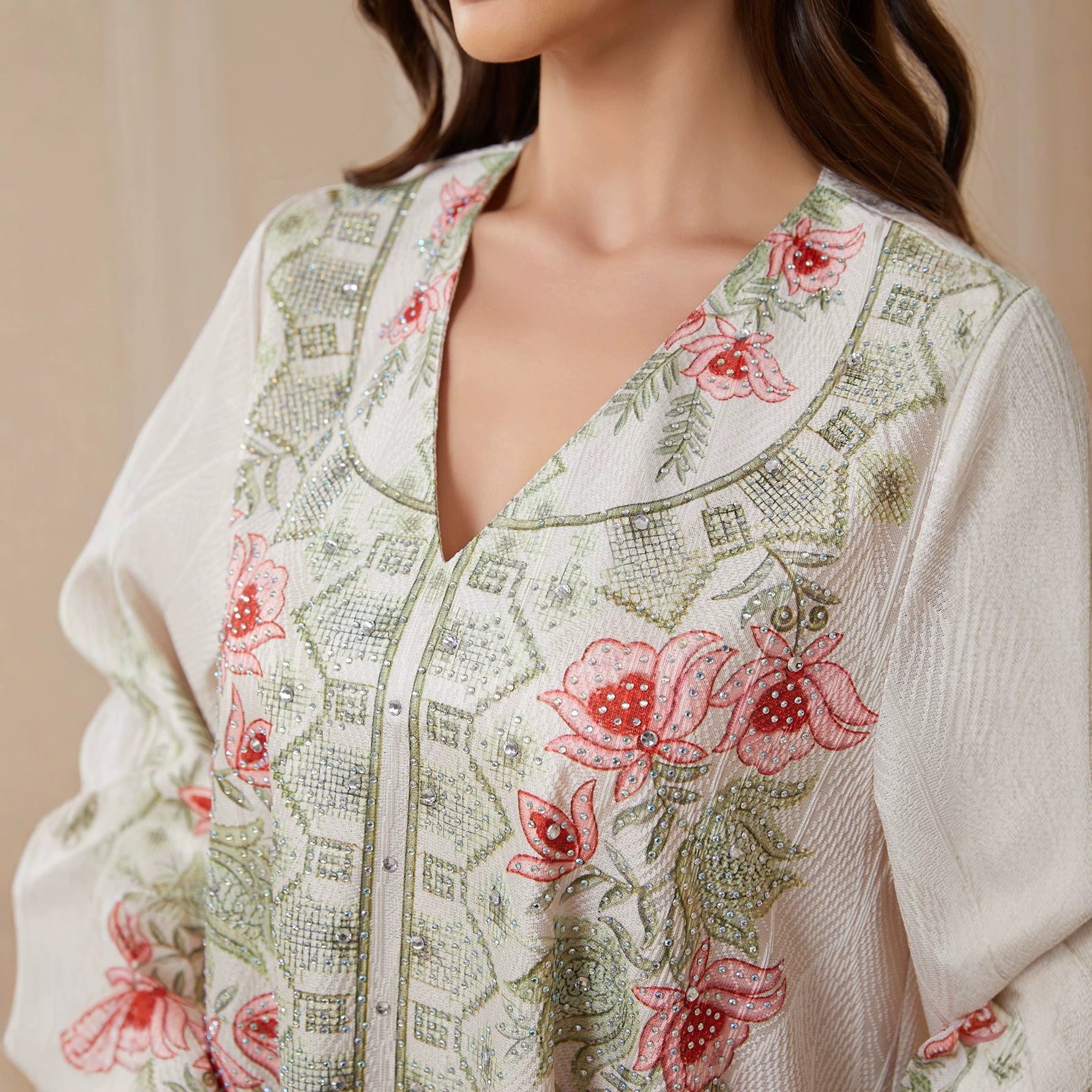 Summer Breathable Nida Fabric Off White Jalabiya Full Body Multicolor Leaf Floral Embroidery Front Zip Split Neck Flowy Wide Sleeve Plus Size Modern Modest Gulf Women Couture Kaftan For Wedding Ramadan Daily Outing