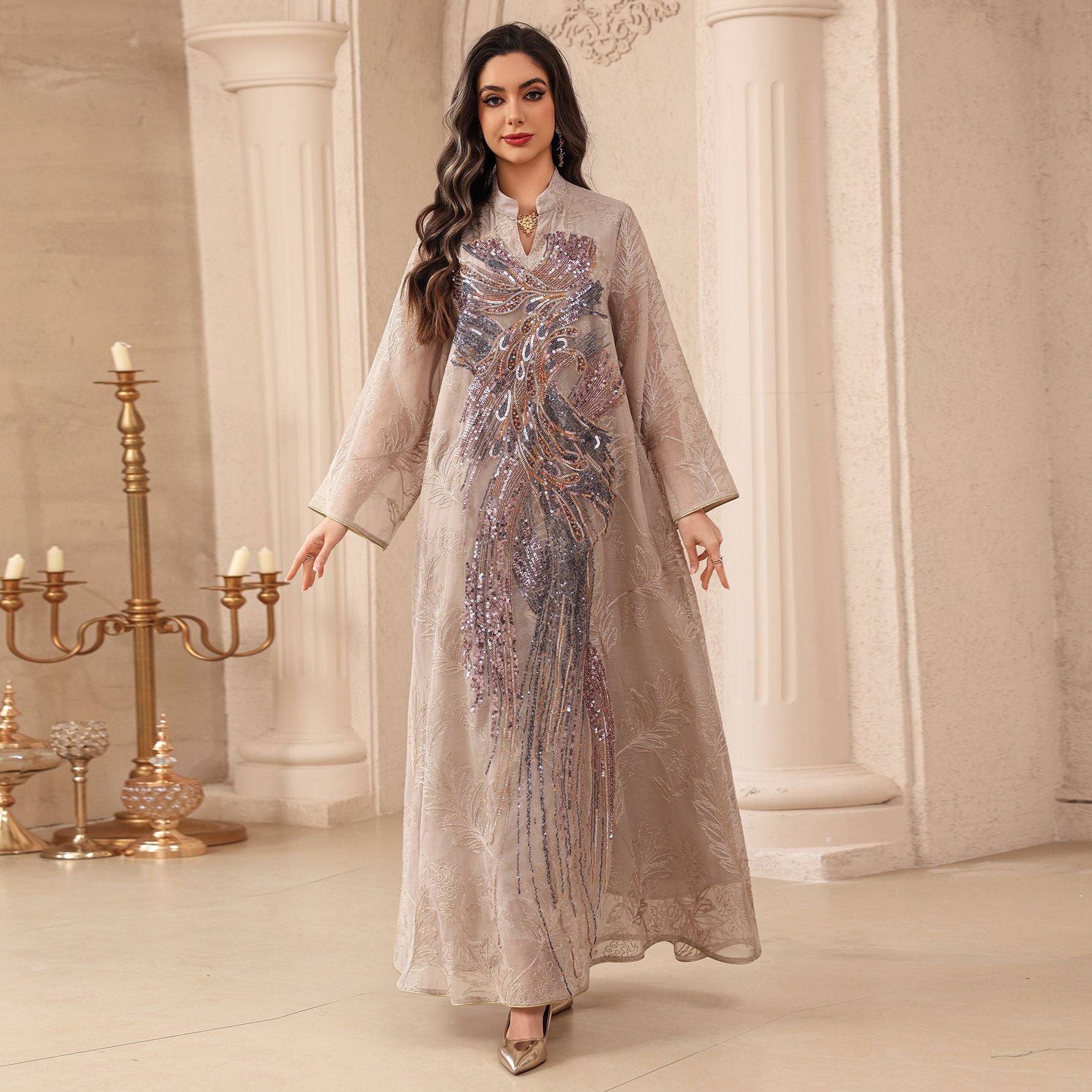 Elegant Oversized Wide Flare Sleeve Muslim Long Robe For Ladies Handcrafted Phoenix Sequins Embroidery Light See-through Leaf Print Abaya Four Shades Formal Ceremony Gown