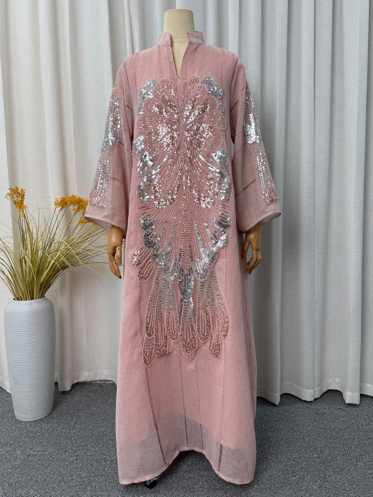 Pink Navy Apricot 2026 Sequin Applique Embroidered Long Gown Banquet Maxi Dress Modest Muslim Jalabiya