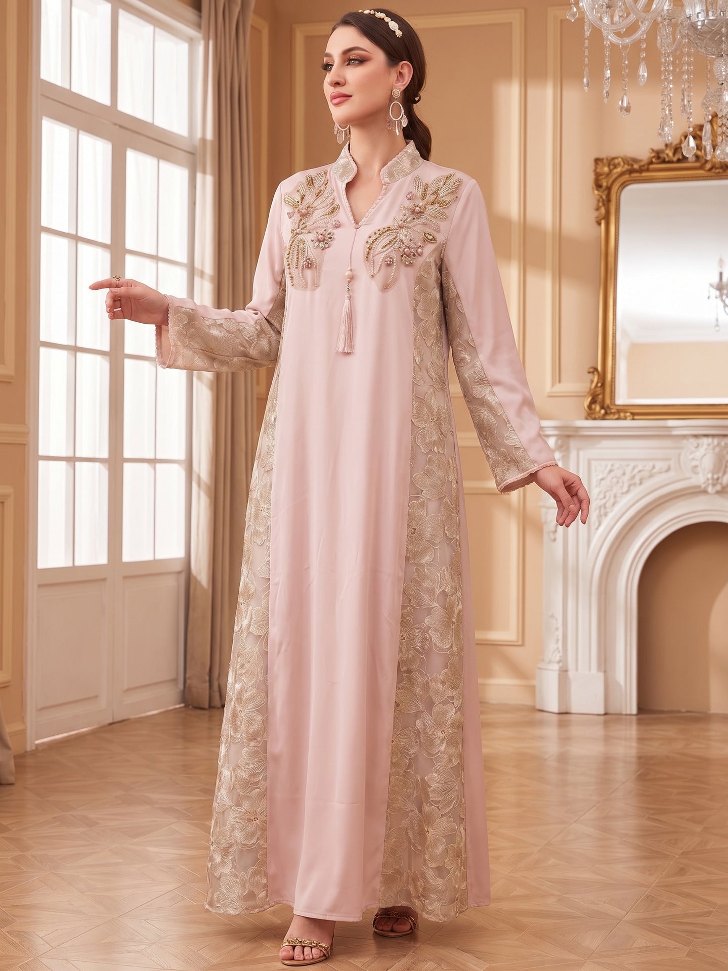 Ivory Pink Light Blue V-Neck Beaded Embroidered Evening Maxi Abaya