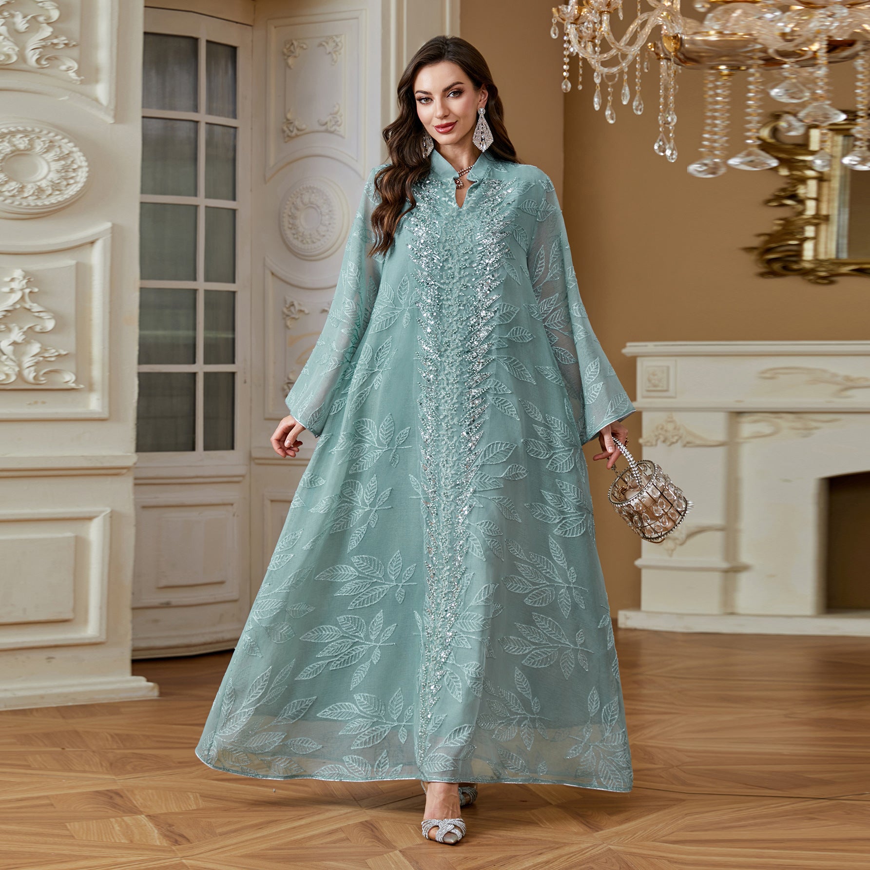 3 Colors Leaf Jacquard Hand Beaded Abaya Women Stand Collar V Notch Flare Sleeve Maxi Jalabiya Luxury Embellished Kaftan Lightweight Modest Gown For Eid Mubarak Ramadan Wedding Evening Party