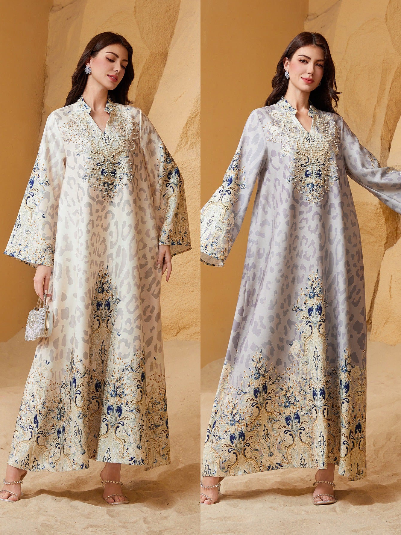 Bold Yellow Grey Leopard Rhinestone Kaftan Abaya Maxi Eid Ramadan