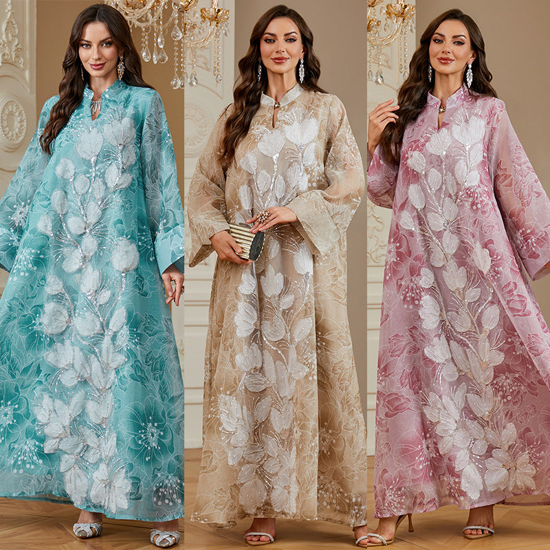 Luxury 3 Colors 3D Flower Embroidery Rhinestone Abaya Stand Neck Wide Flare Sleeve Oversized Maxi Dress For Holiday Special Occasion