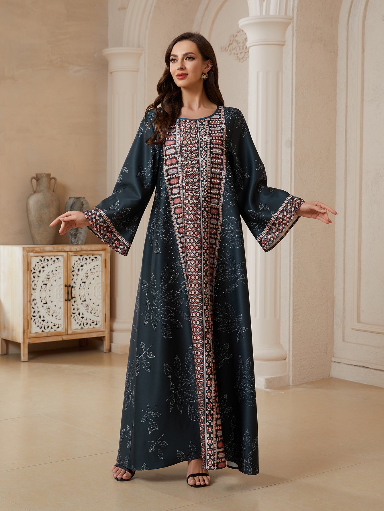 Women Round Neck Vertical Geometric Rhinestone Print Abaya Leaf Pattern Long Sleeve Maxi Jalabiya Dark Navy Matte Crepe Ethnic Modest Gown For Eid Mubarak Ramadan Wedding Evening Party