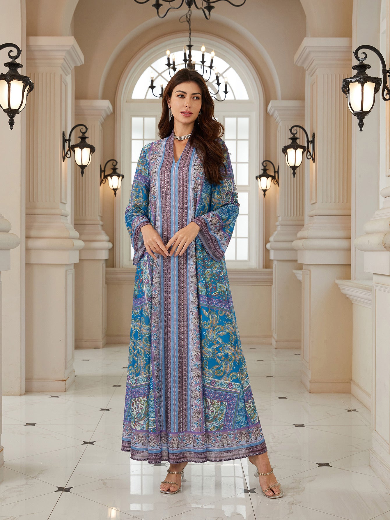 Blue Floral Print Plus Size Abaya - Modest Muslim Dress Ramadan Eid