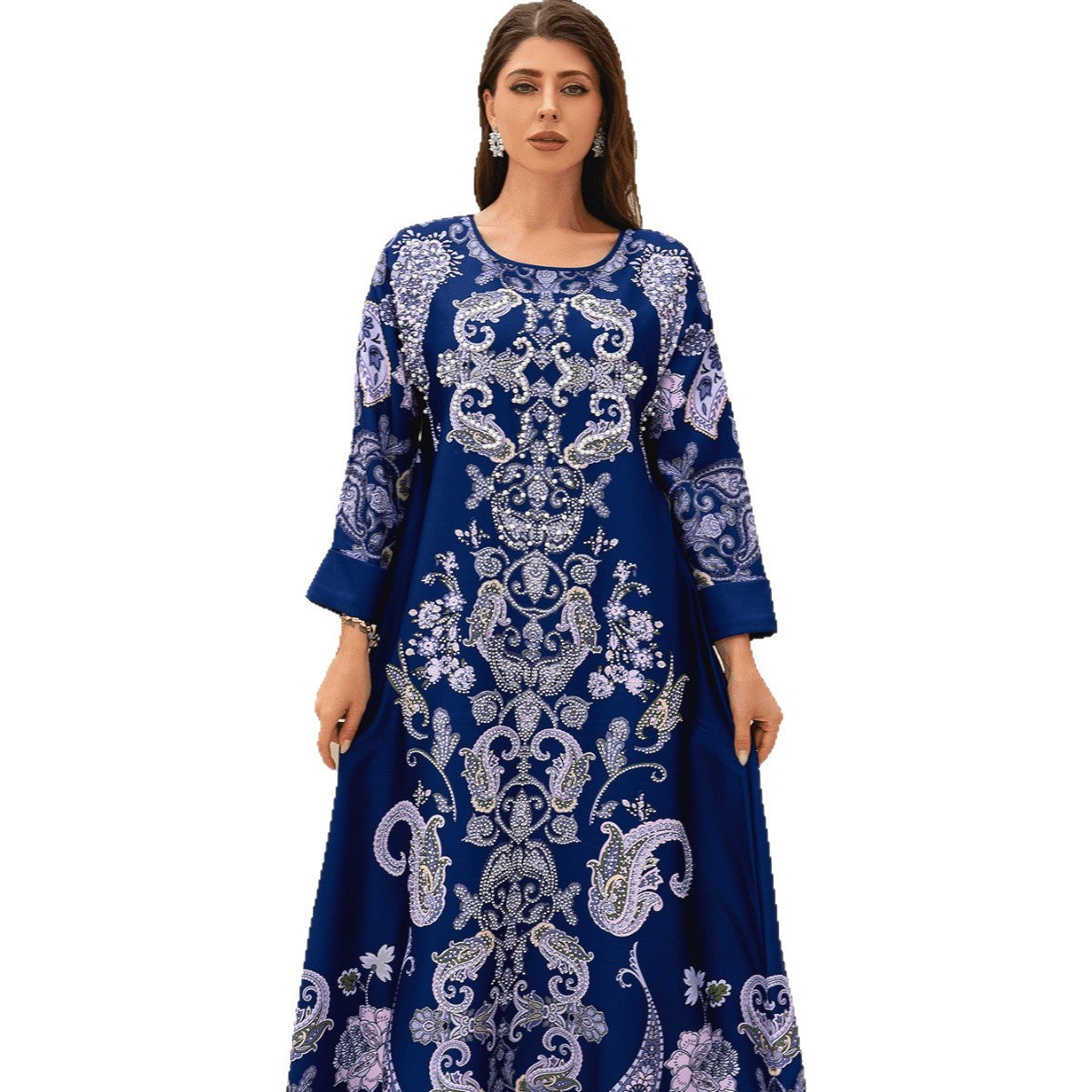 Navy Rhinestone Party Abaya - Printed Evening Robe Plus Size
