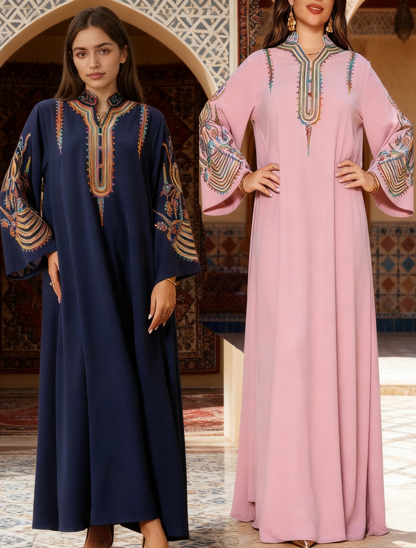 Navy and Pink Embroidered Pullover Maxi Abaya Dress Jalabiya Modest Long Dress for Muslim Women Ramadan Prayer Casual Wear S-XXL